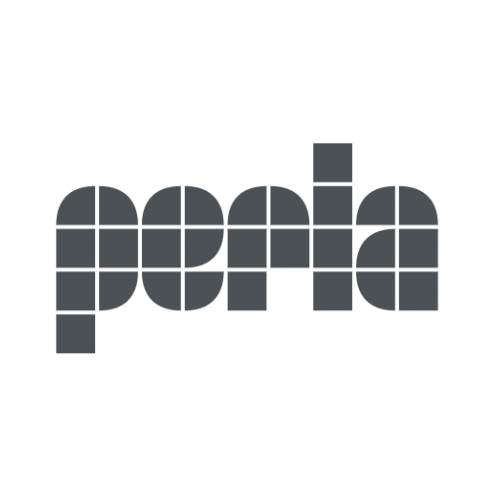 Logo with stylized text spelling "peria" using dark gray squares.